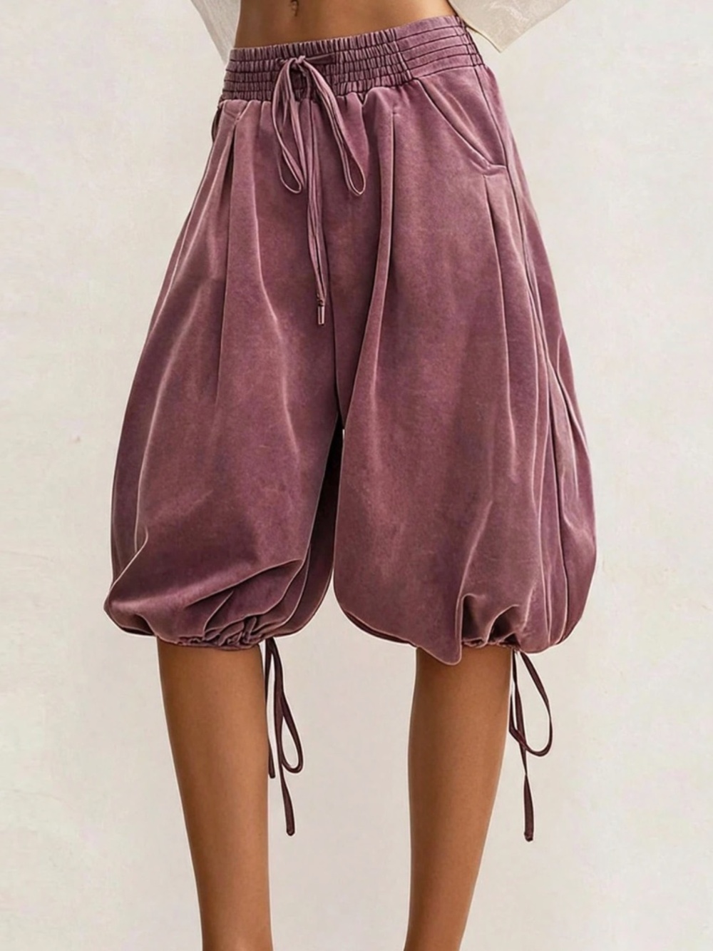 Boho Stretchy Waist Drawstring hem Balloon Wide leg Cropped Cargo Pants - Picture 7 of 7